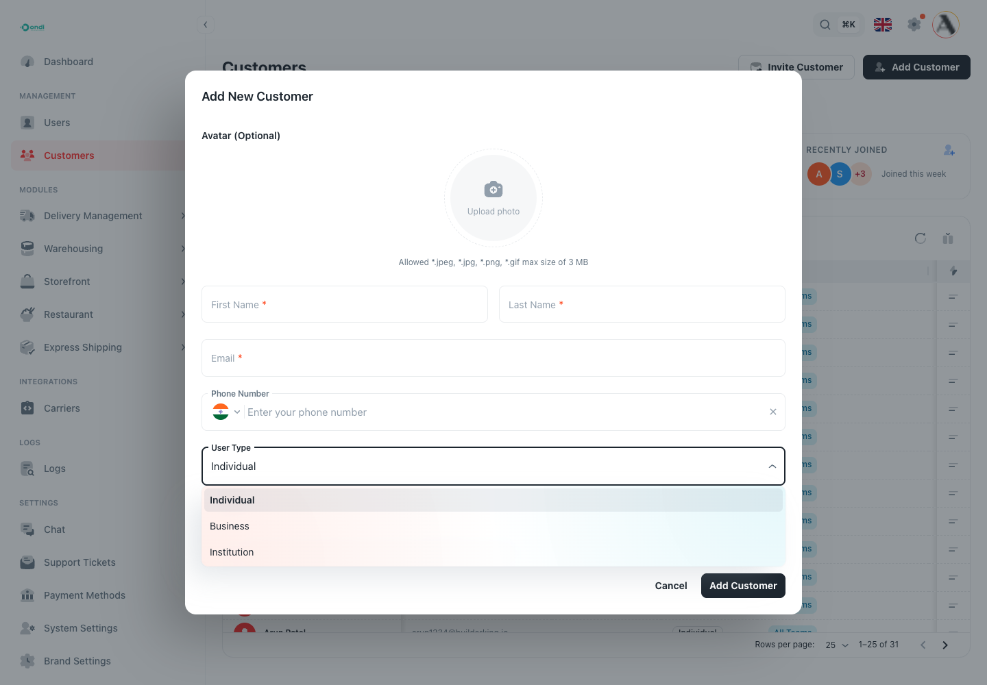 Add customer form with user type dropdown