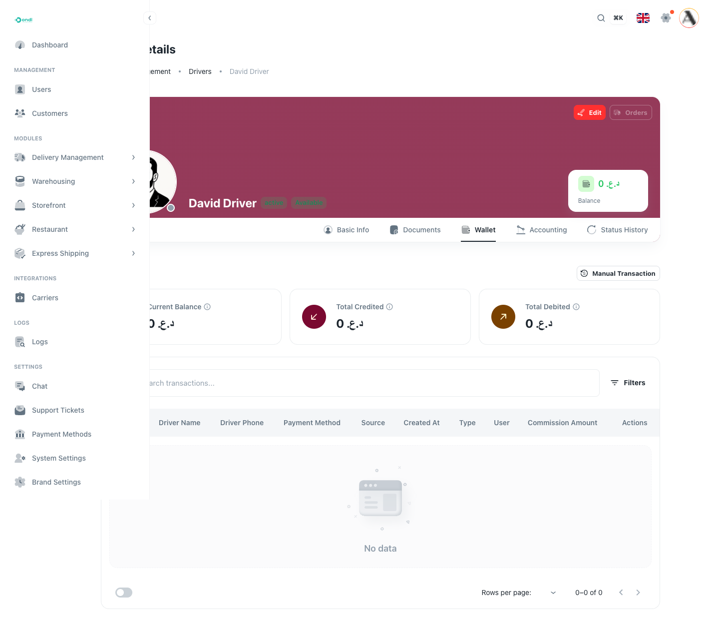 Admin driver wallet