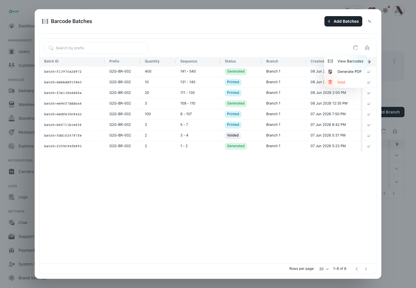 Barcode batch actions menu