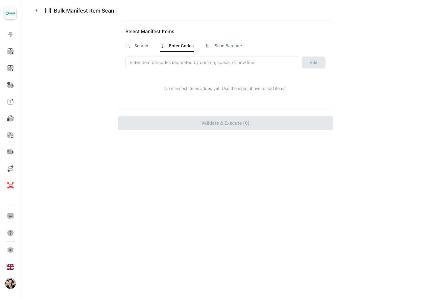 Bulk Manifest Item Scan enter codes mode