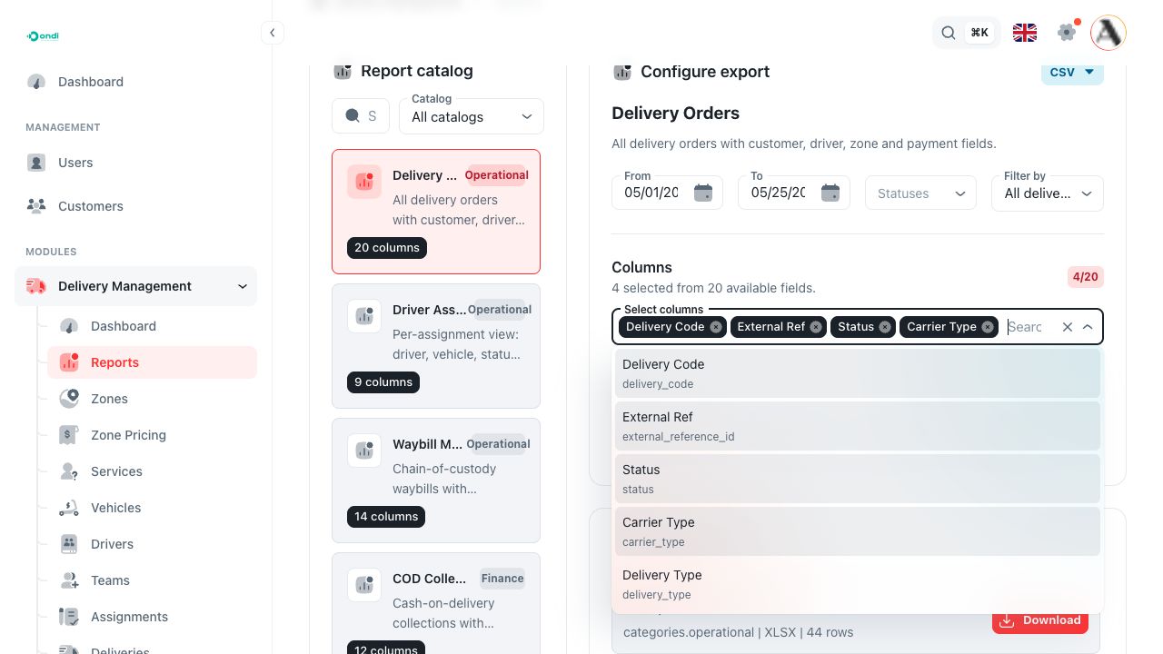 Selecting Delivery Report columns