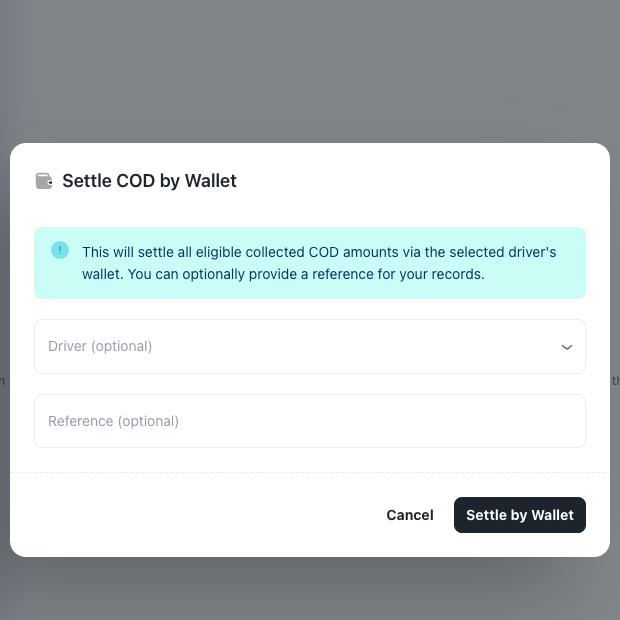 Dispatcher wallet settlement dialog
