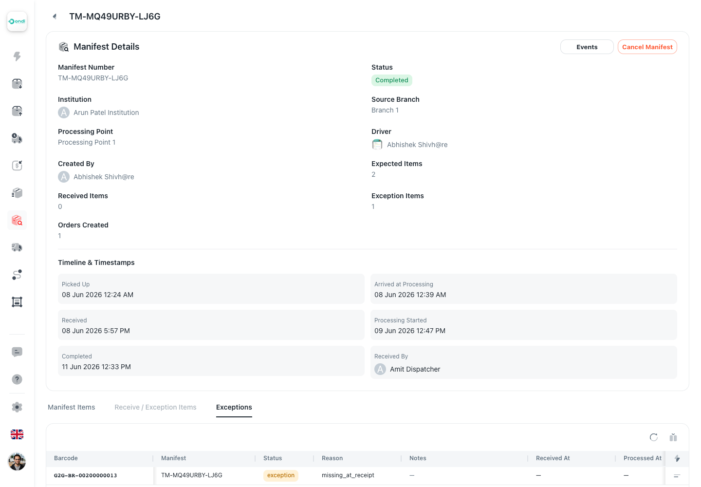 Transfer manifest exceptions tab