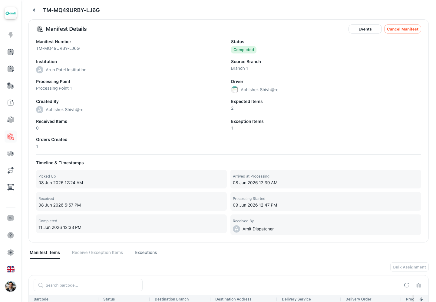 Transfer manifest items tab