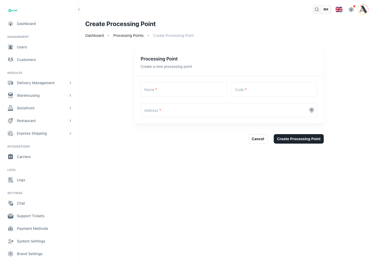 Create processing point form