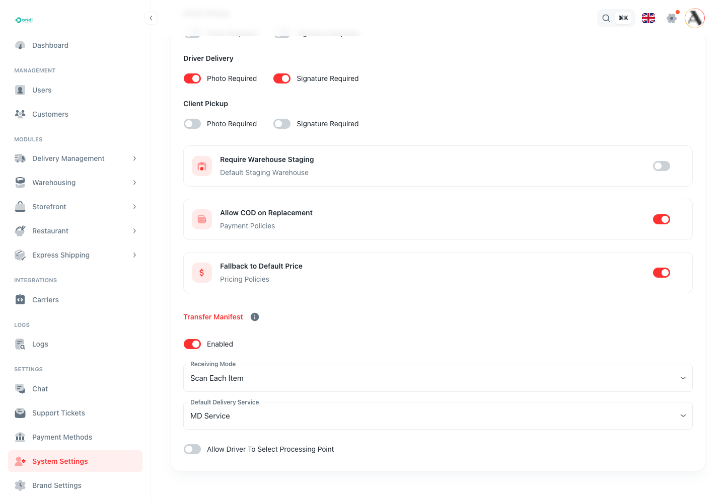 Transfer Manifest settings