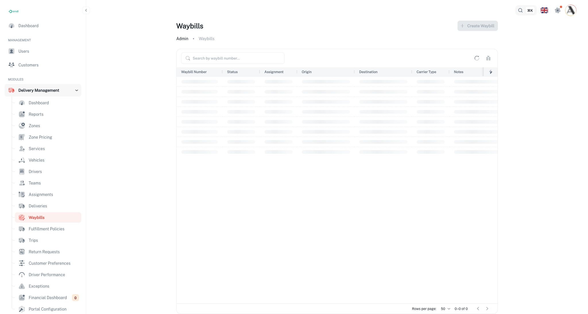 Waybills in tenant admin
